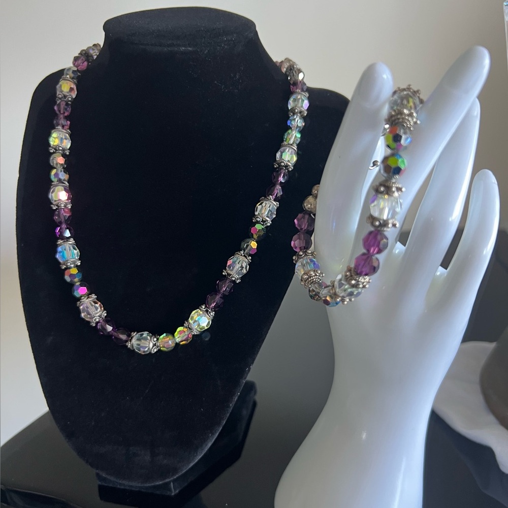 💜 Purple Crystal & Aurora Borealis Beaded Necklace + Bracelet Set 💜